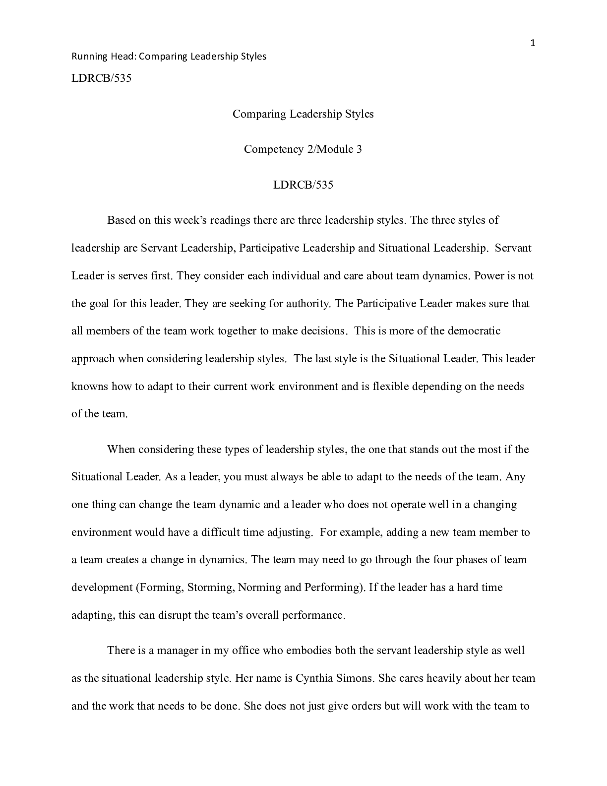 Preview image of LDRCB535.Comp_2._Module3.docx  LDRCB/535  Comparing Leadership Styles  Competency 2/Module document
